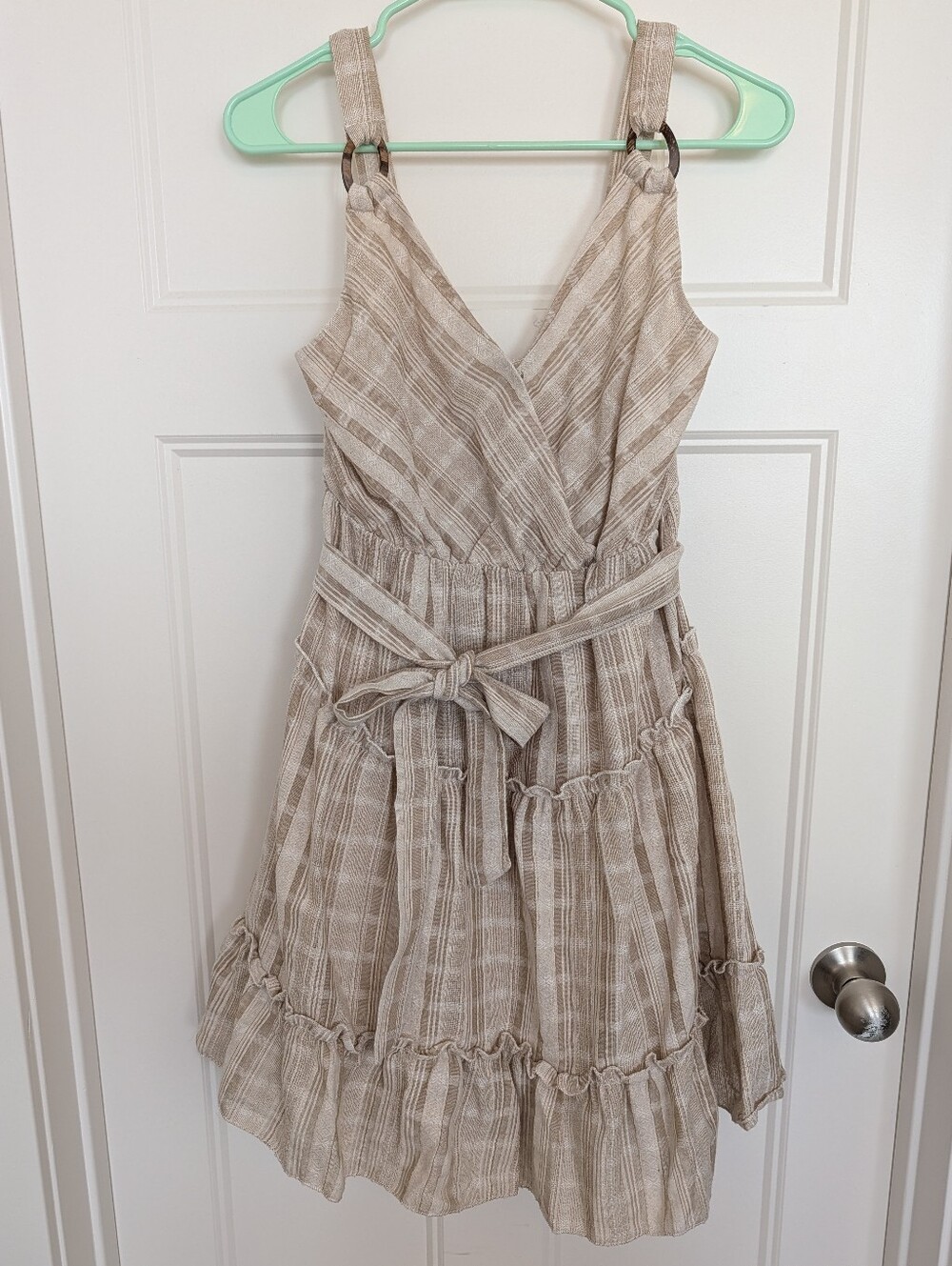 Girls Beige Striped Tie-Waist Sundress